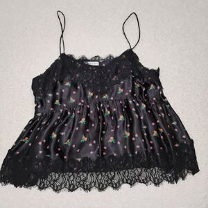 Whimsygoth Floral Lacey Satiny Baby Doll Tank Top Dark Coquette Sweetheart Sz 8